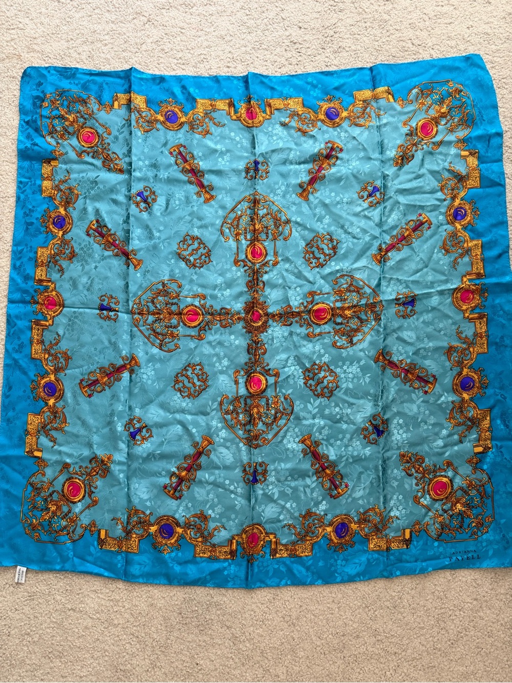 Adrianna Papell Turquoise and Gold Ornate Jewel-Print Silk Scarf